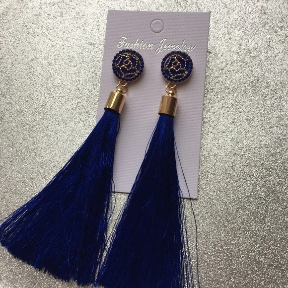 Sapphire Blue Tassel Earrings NEW Trendy Fashion Jewelry Statement Dangle - Picture 5 of 5